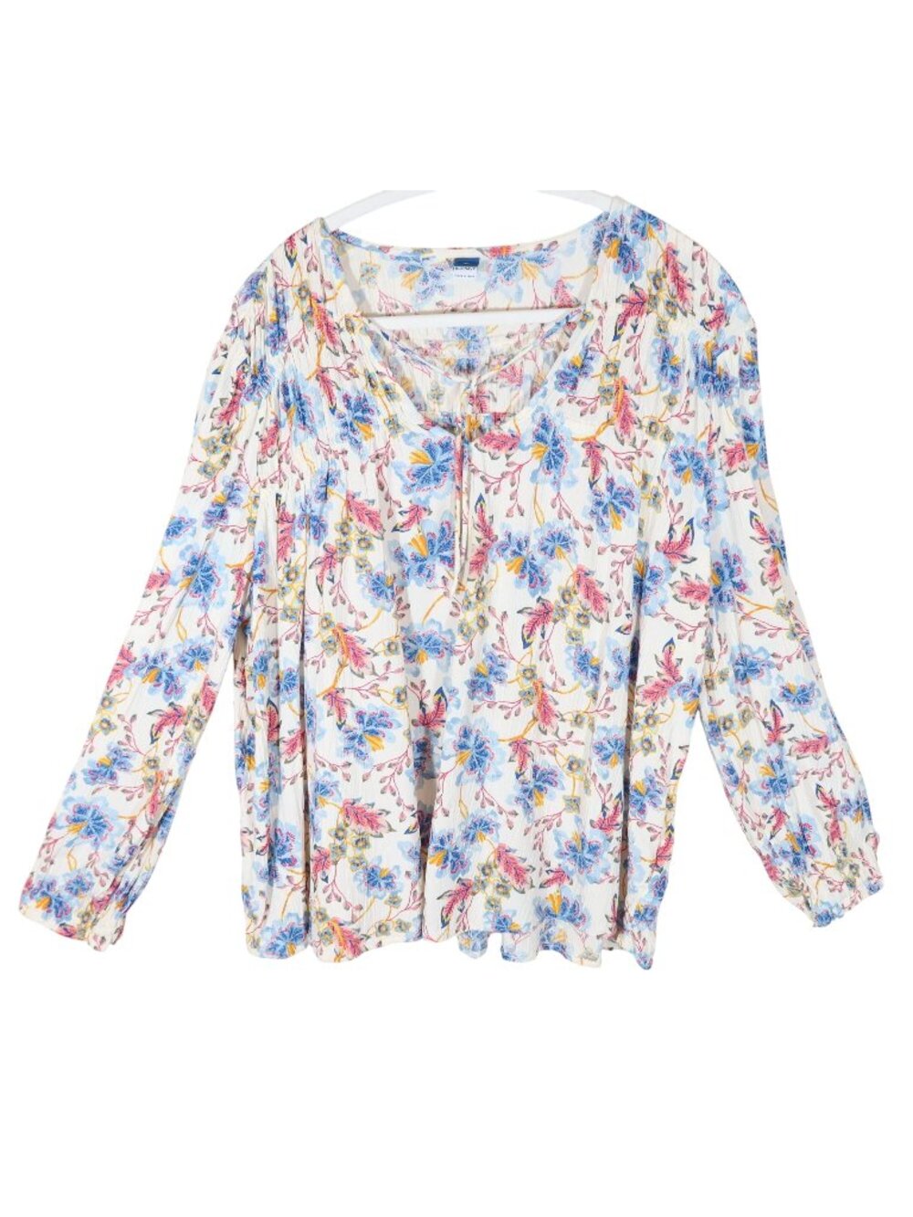 OLD NAVY Botanical Floral Crinkle Peasant Top Size XL Boho Relaxed Pink Blue